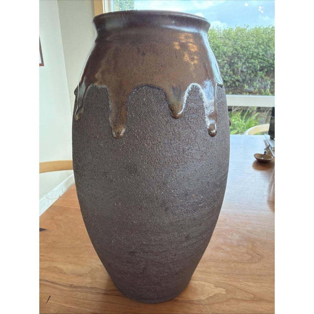 Heavy‎ Hand Thrown Studio Pottery Vase 10.5" Dark Stoneware Drip Glaze SLM